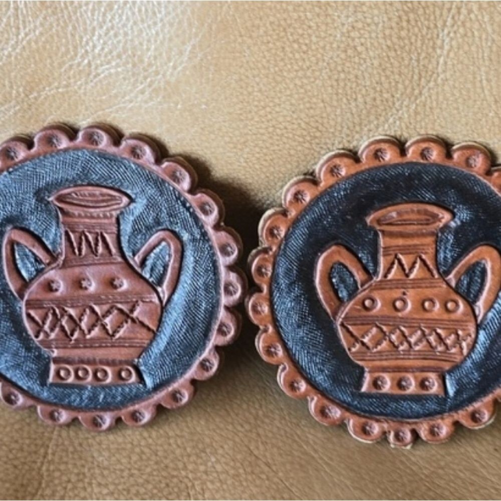 Hand‑Tooled Leather Coaster Set of 2 – Peruvian Water Jug Design